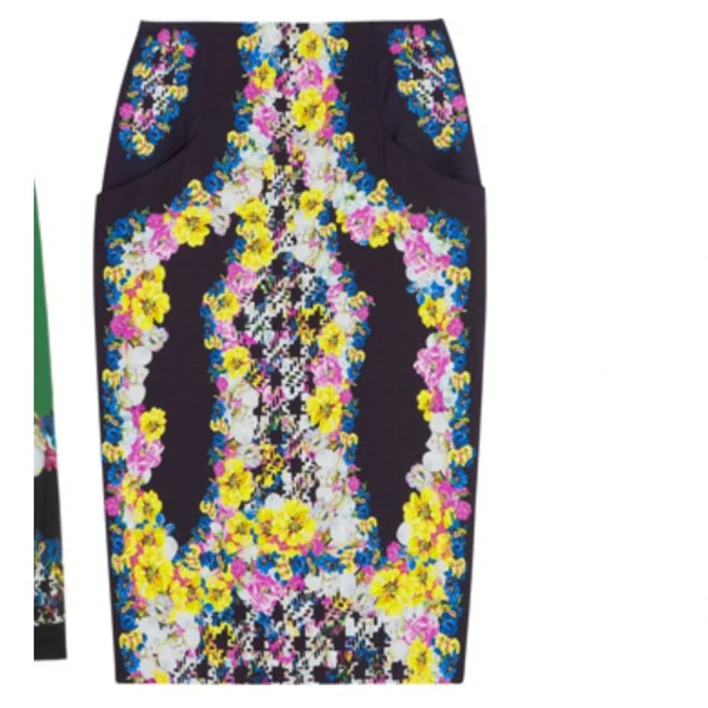 Erdem Skirt Women's 12 Pencil Silk Black Floral Digital Whimsical Dark Romance